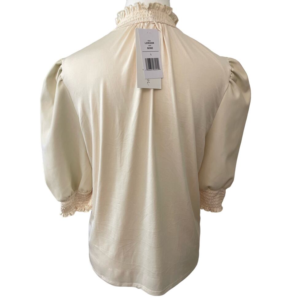 Brea Canyon Smocked Neck Ivory Blouse Puffed Vegan Leather Sleeves Size L NWT - Picture 4 of 8